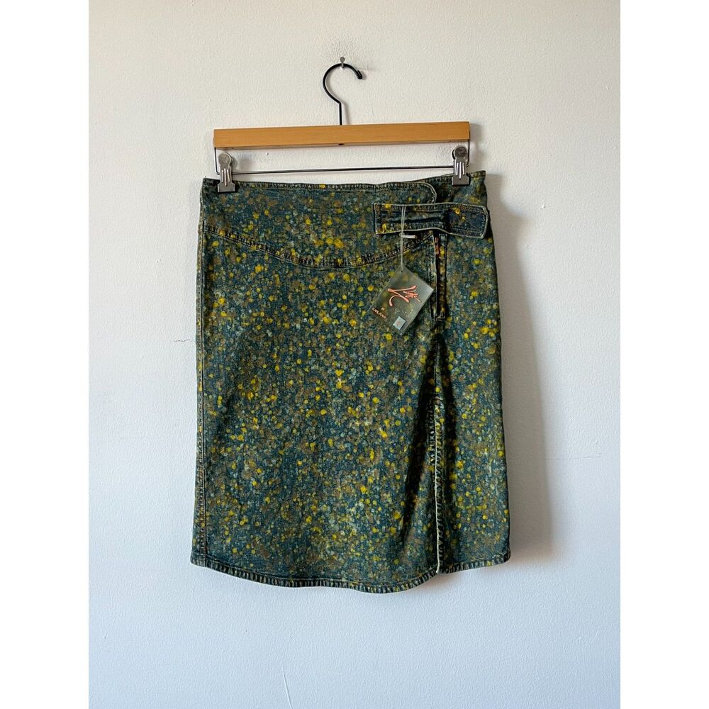 Vintage 2000s Paint Splatter Gold Blue Denim Asymmetrical Midi Skirt Karl Kani 8